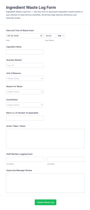 Ingredient Waste Log Form Template
