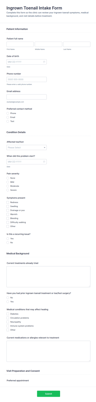 Ingrown Toenail Intake Form Template