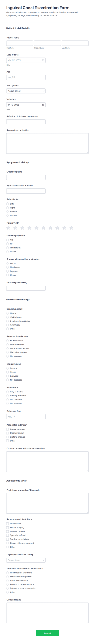 Inguinal Canal Examination Form Template