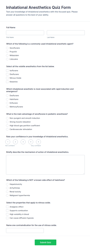 Inhalational Anesthetics Quiz Form Template