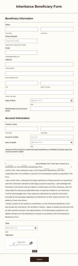Inheritance Beneficiary Form Template