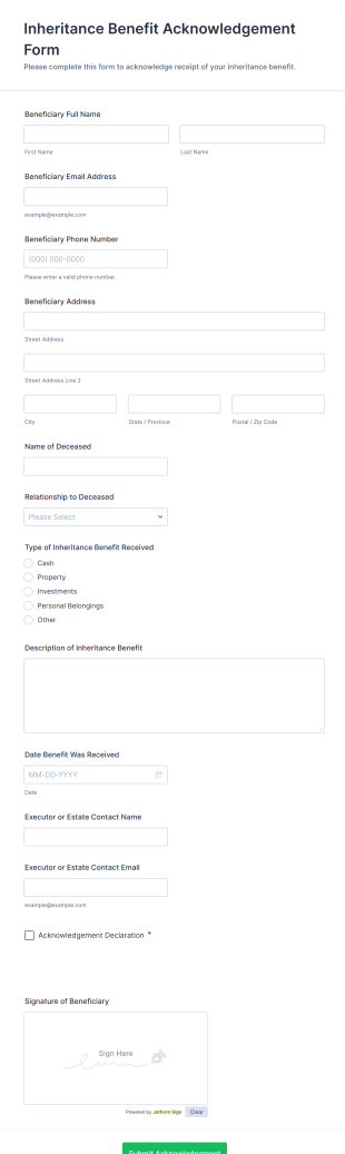 Inheritance Benefit Acknowledgement Form Template
