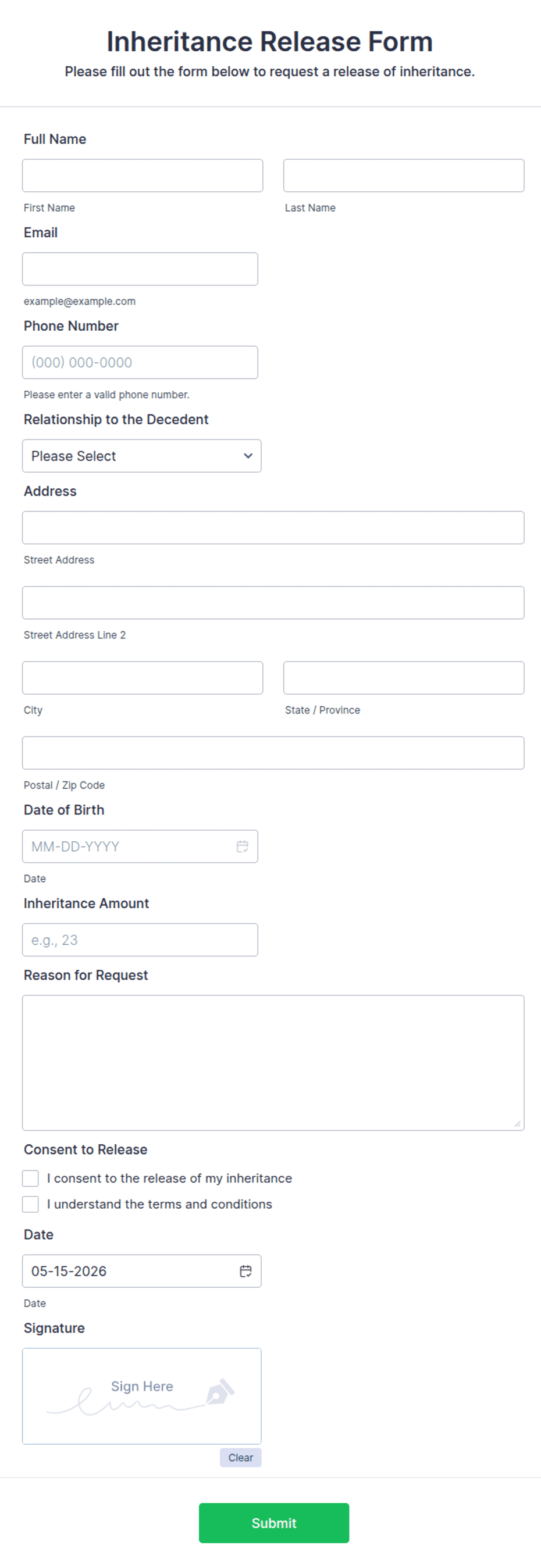 Inheritance Release Form Template | Jotform