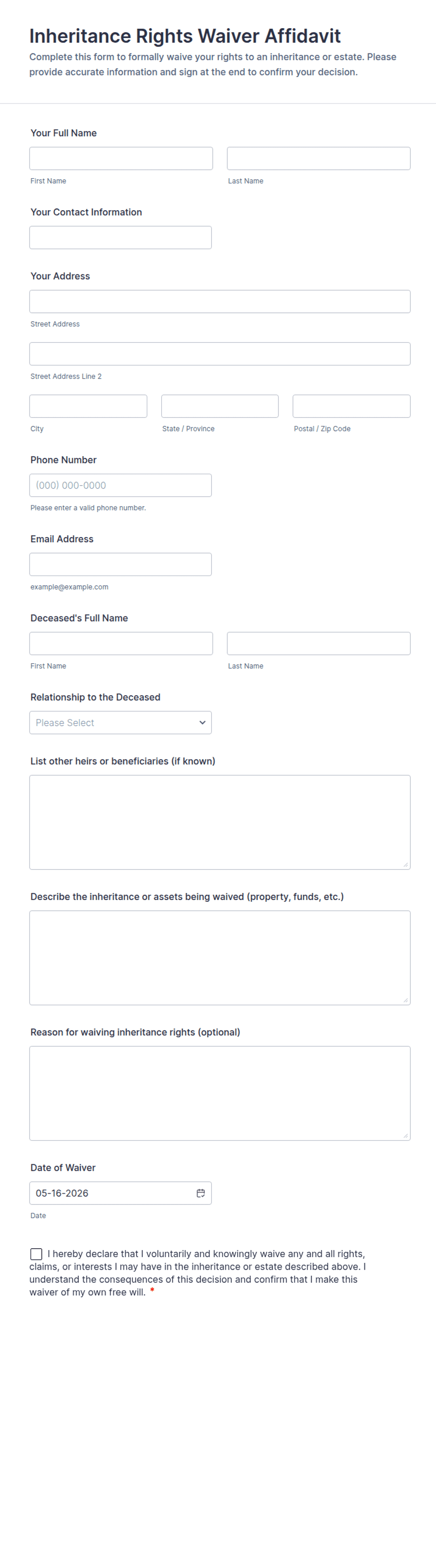 Inheritance Rights Waiver Affidavit Form Template | Jotform