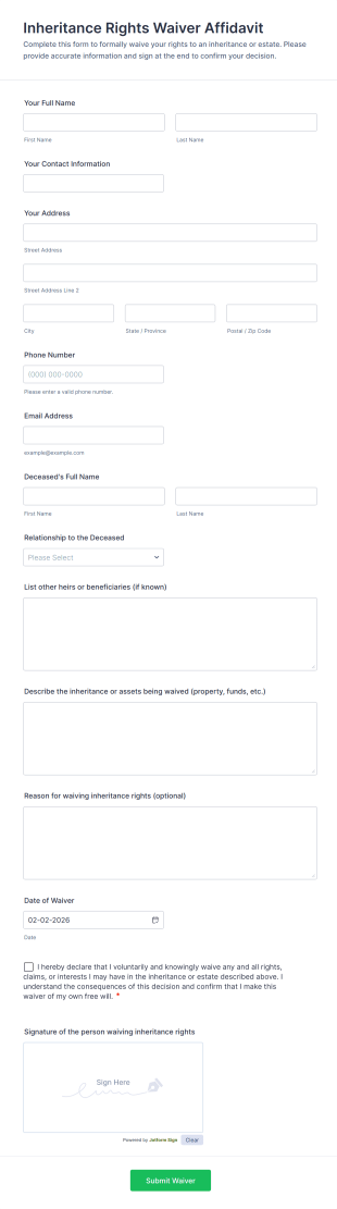 Inheritance Rights Waiver Affidavit Form Template