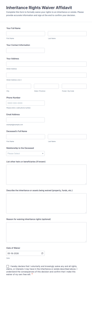 Inheritance Rights Waiver Affidavit Form Template