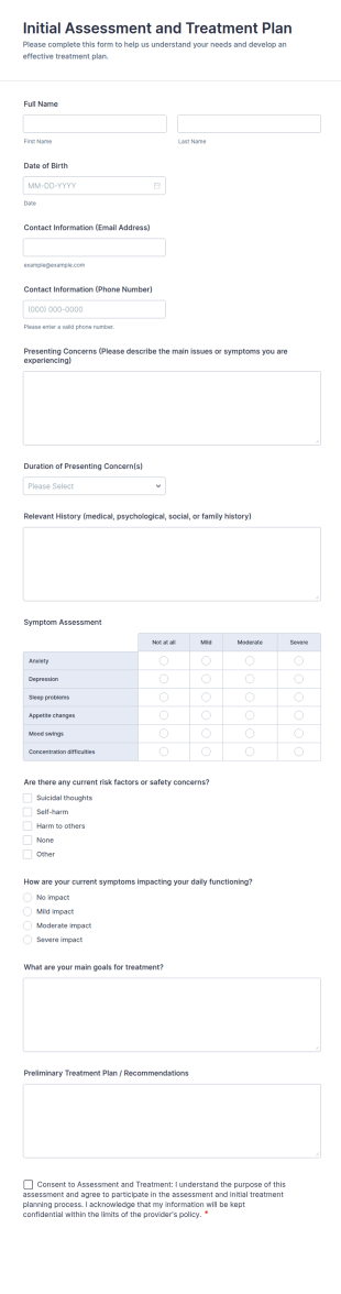 Initial Assessment And Treatment Plan Form Template