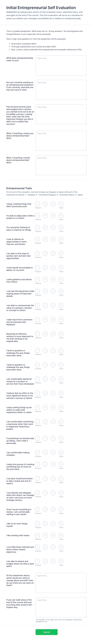 Initial Entrepreneurial Self Evaluation Form Template