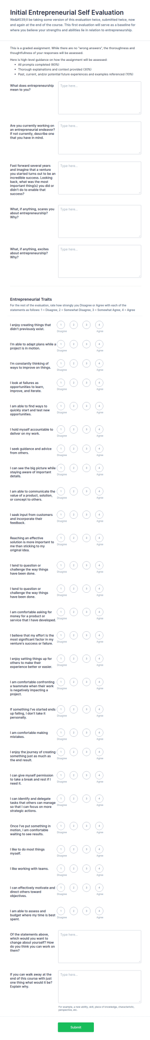 Initial Entrepreneurial Self Evaluation Form Template