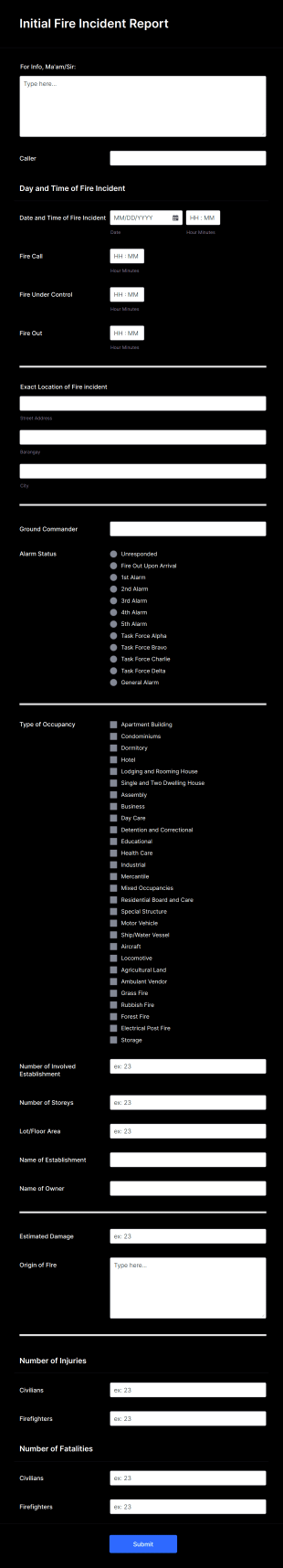 Initial Fire Incident Report Form Template