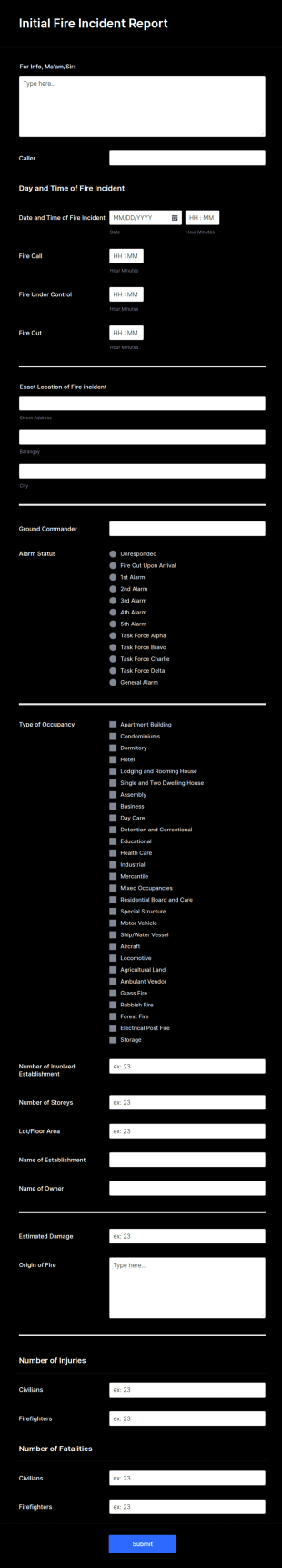 Initial Fire Incident Report Form Template