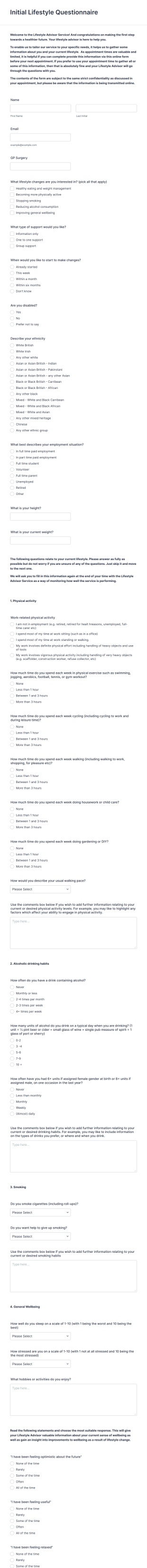 Initial Lifestyle Advisor Questionnaire Form Template