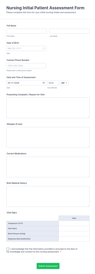Initial Patient Assessment Form Template
