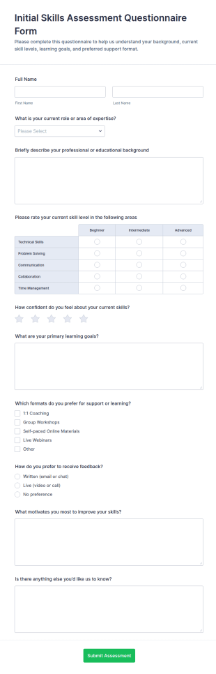 Initial Skills Assessment Questionnaire Form Template