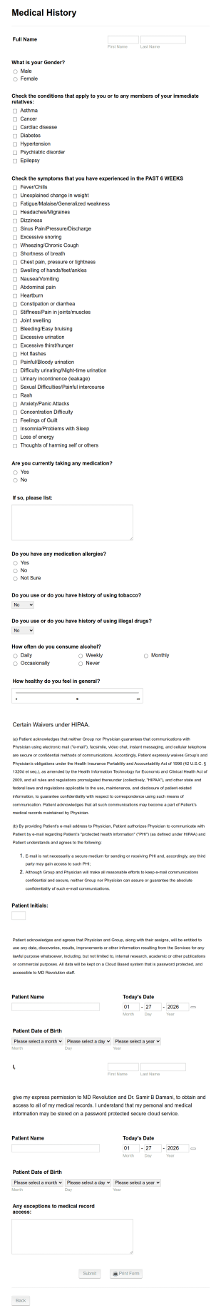 Initial Visit Patient Forms (MDR) Form Template