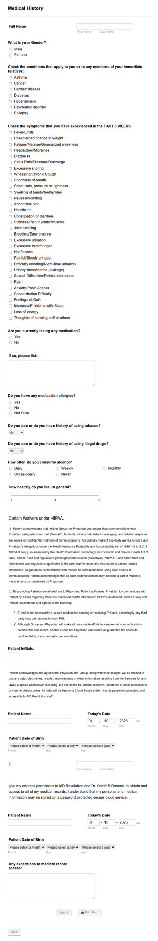 Initial Visit Patient Forms (MDR) Form Template
