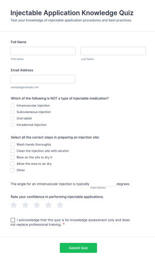 Injectable Application Knowledge Quiz Form Template