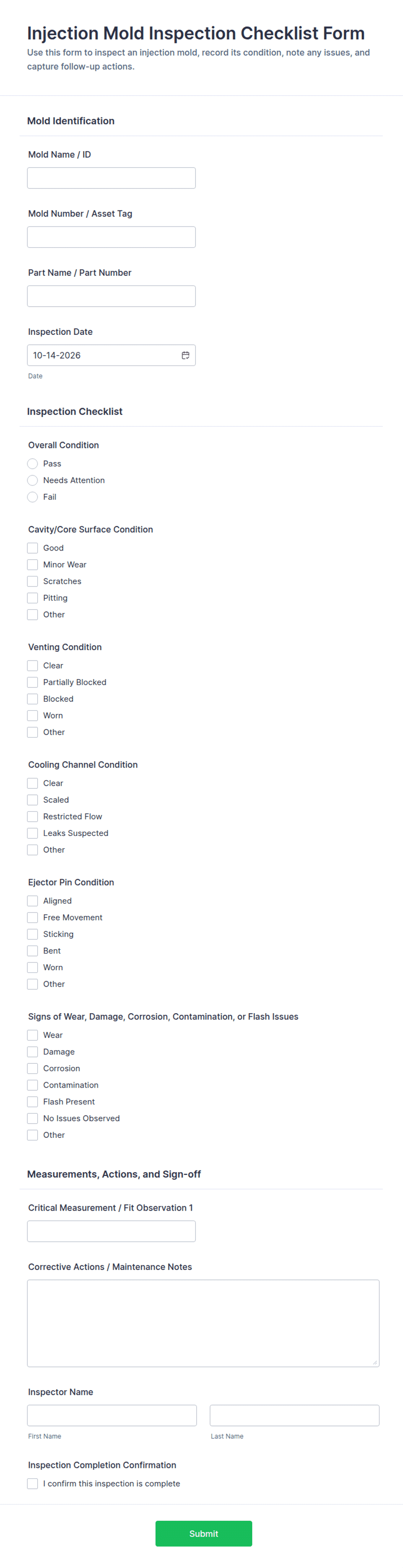 Injection Mold Inspection Checklist Form Template | Jotform