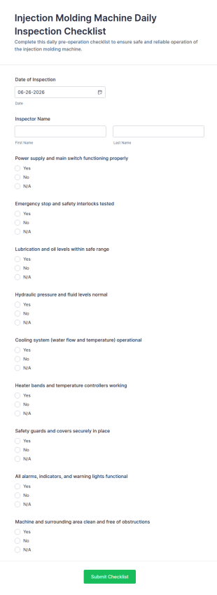 Injection Molding Machine Daily Inspection Checklist Form Template