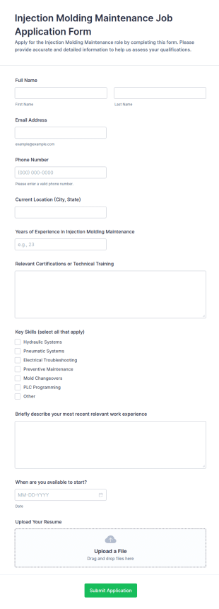 Injection Molding Maintenance Job Application Form Template