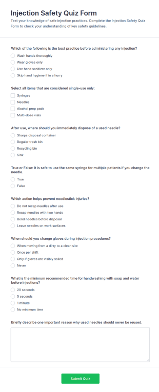 Injection Safety Quiz Form Template