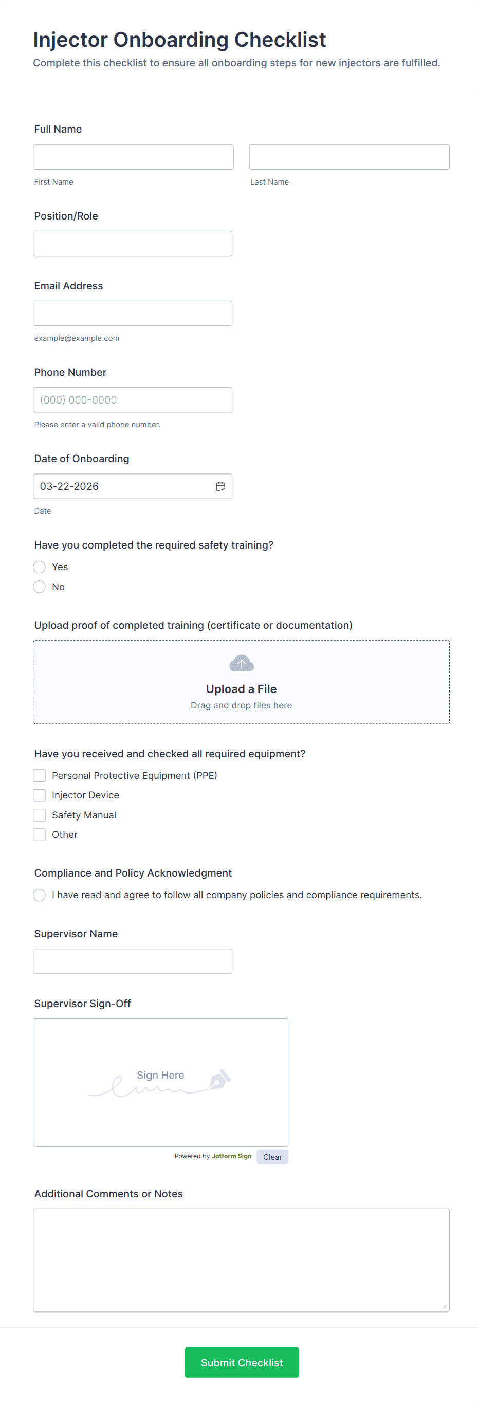 Injector Onboarding Checklist Form Template | Jotform