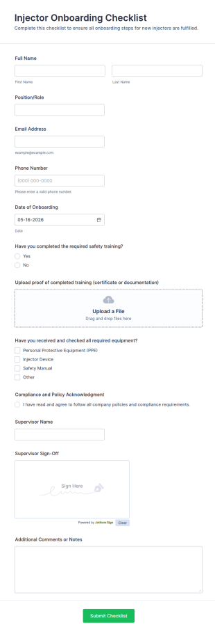 Injector Onboarding Checklist Form Template