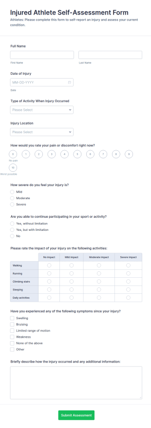 Injured Athlete Self Assessment Form Template