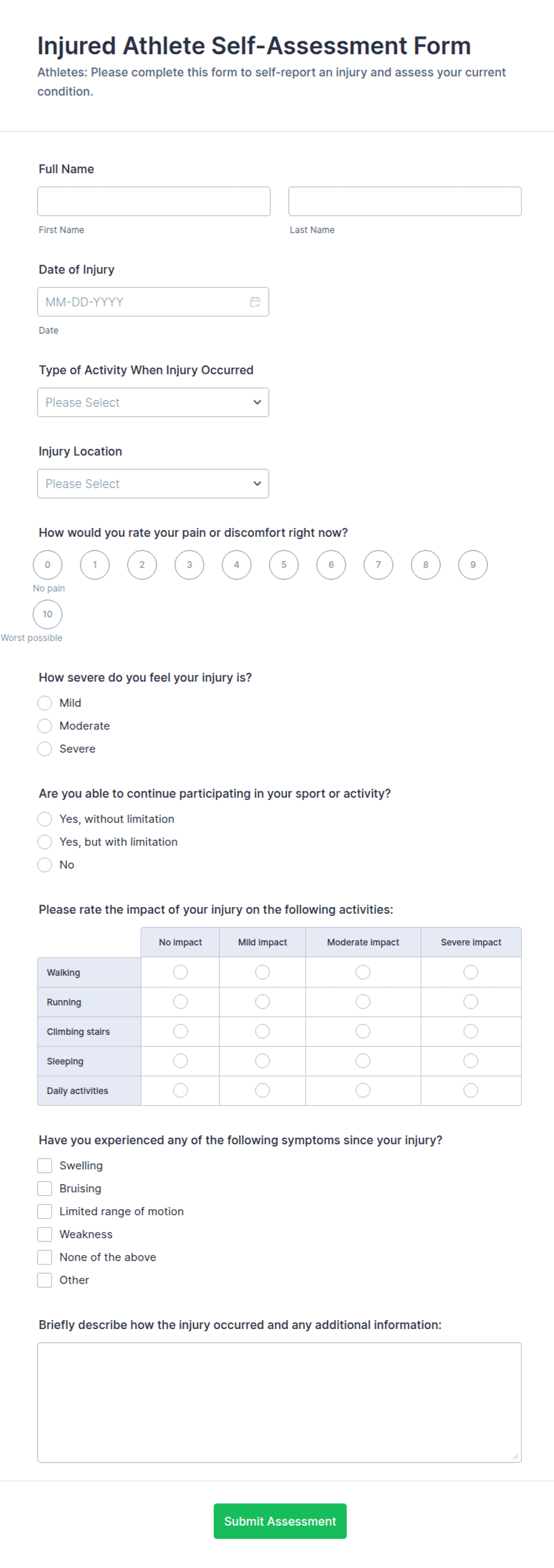 Injured Athlete Self-Assessment Form Template | Jotform