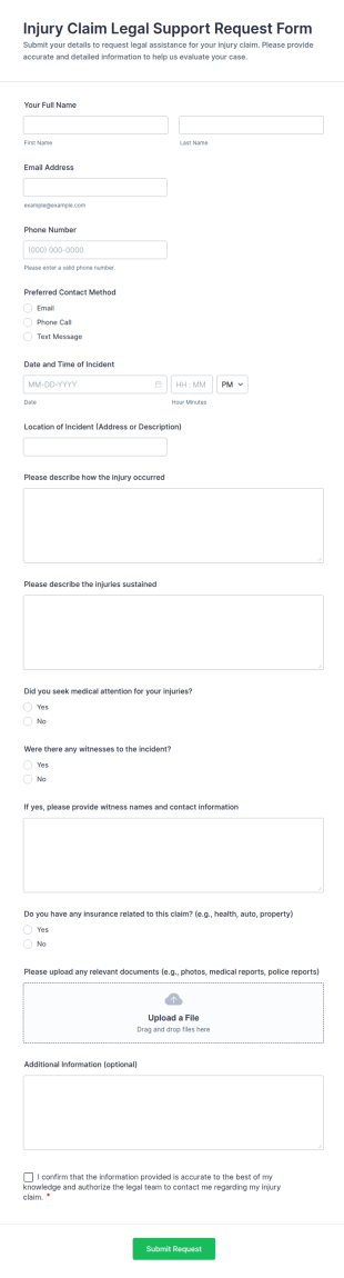 Injury Claim Legal Support Request Form Template