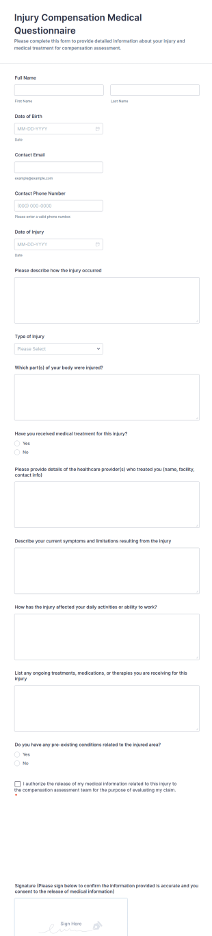 Injury Compensation Medical Questionnaire Form Template