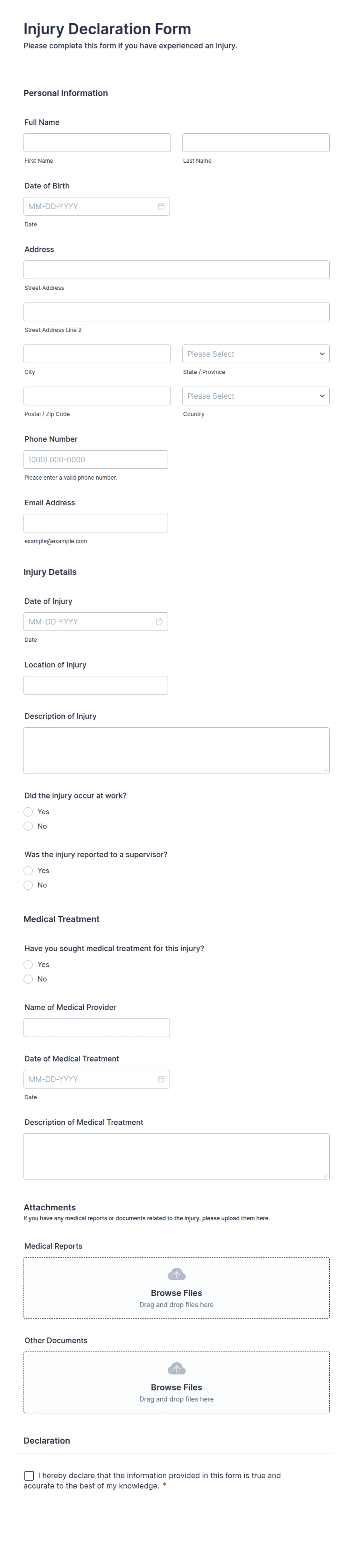 Completed Injuty Form Example Injury Declaration Form Template | Jotform