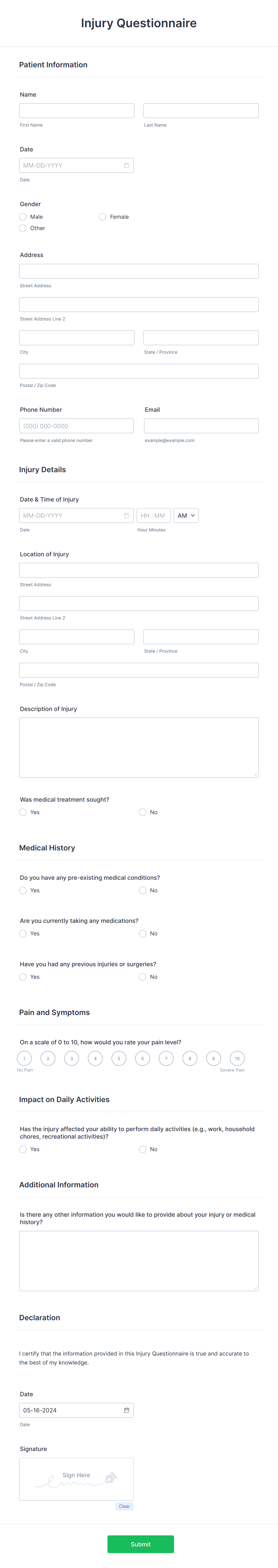 Injury Questionnaire Form Template | Jotform