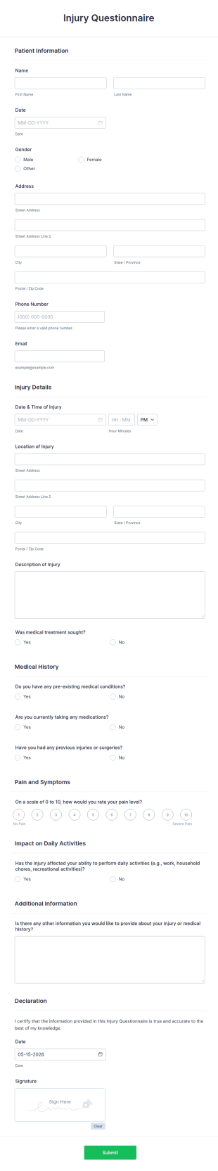 Injury Questionnaire Form Template