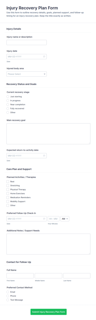 Injury Recovery Plan Form Template