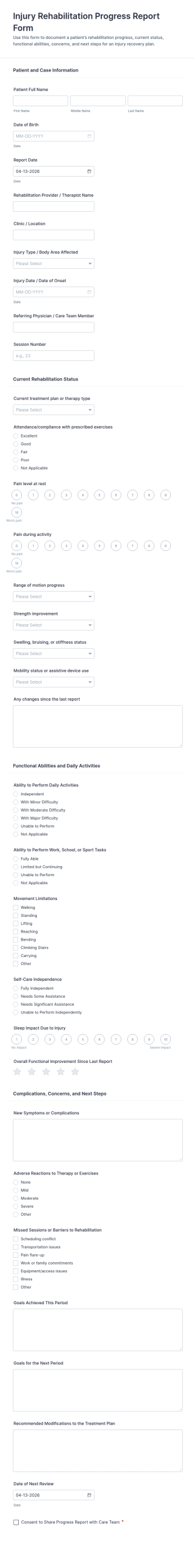 Injury Rehabilitation Progress Report Form Template