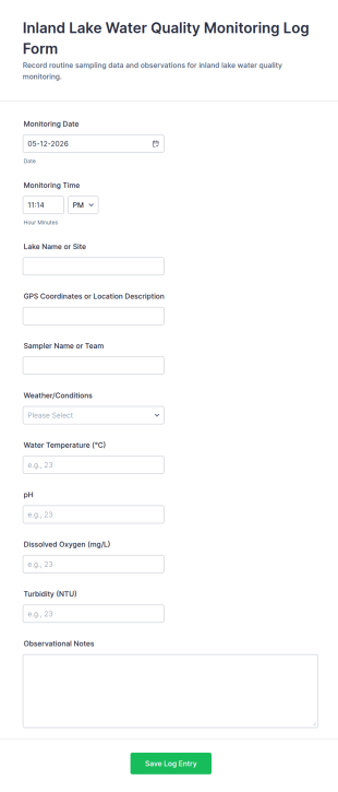 Inland Lake Water Quality Monitoring Log Form Template