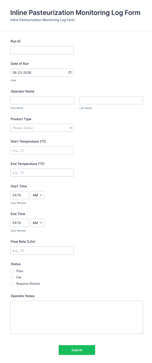 Inline Pasteurization Monitoring Log Form Template