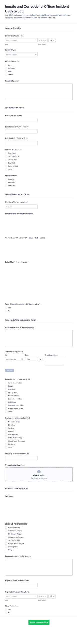Inmate And Correctional Officer Incident Update Log Form Template