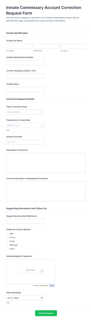 Inmate Commissary Account Correction Request Form Template