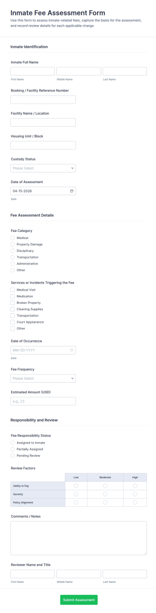 Inmate Fee Assessment Form Template