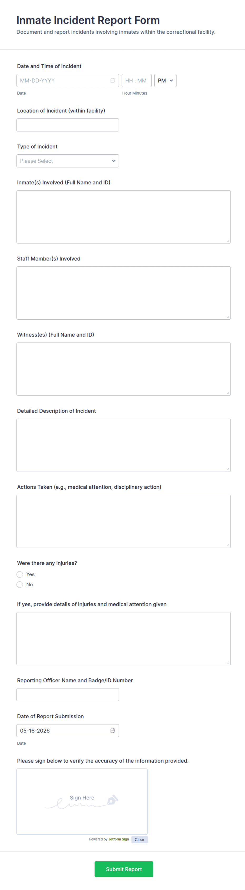 Inmate Property Intake Form Inmate Incident Report Form Template | Jotform