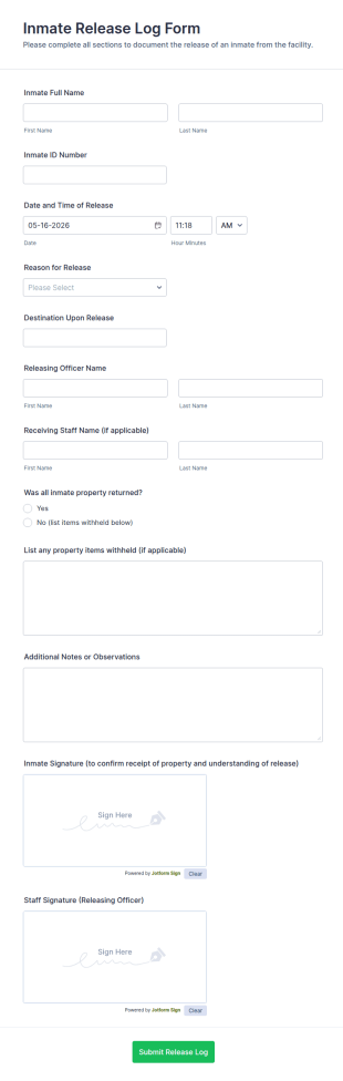 Inmate Release Log Form Template