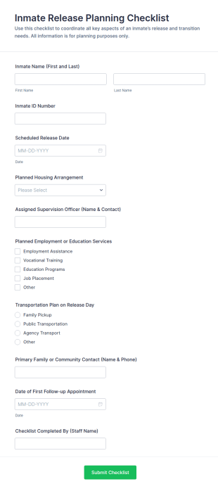 Inmate Release Planning Checklist Form Template