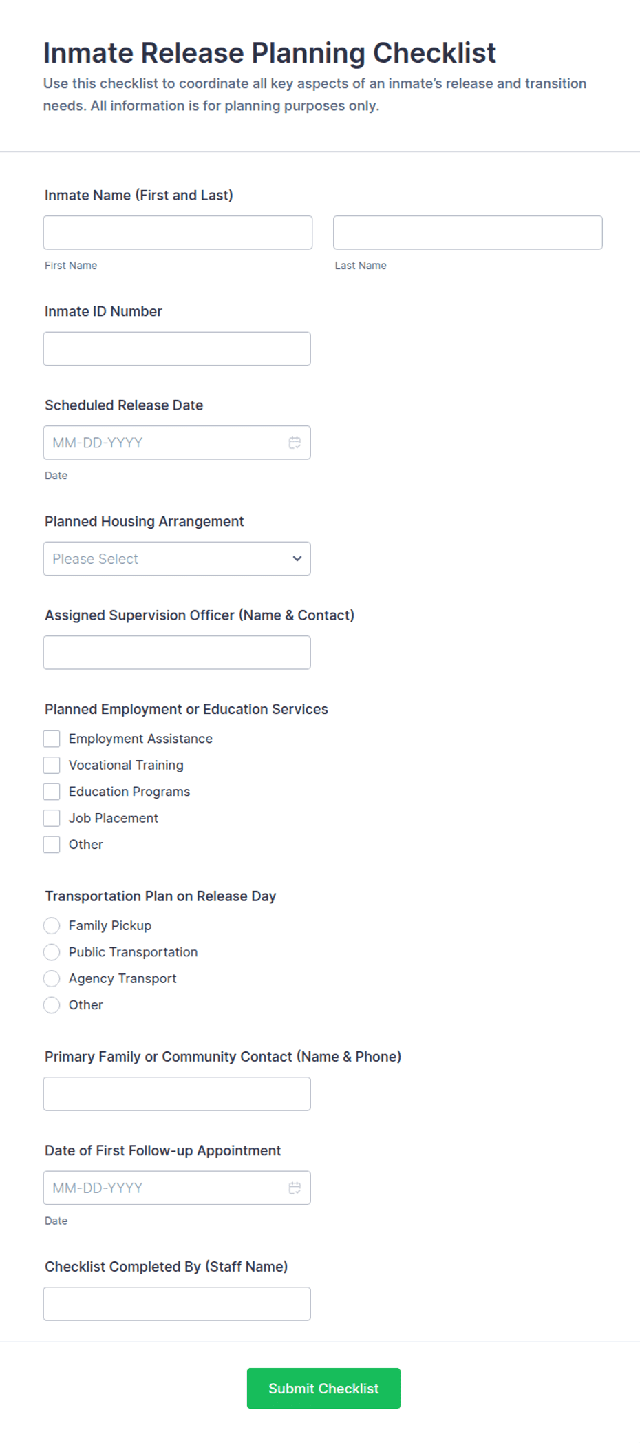 Inmate Cell Move Form Inmate Release Planning Checklist Form Template | Jotform