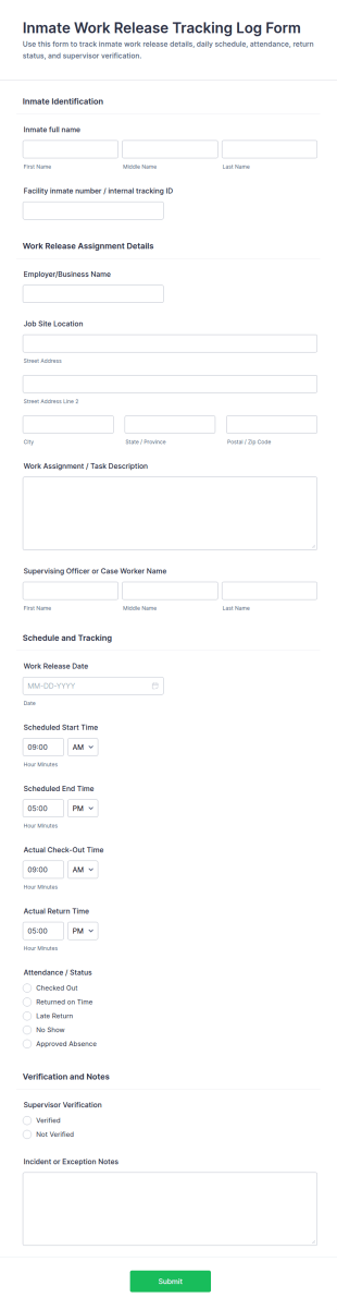 Inmate Work Release Tracking Log Form Template