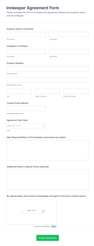 Innkeeper Agreement Form Template