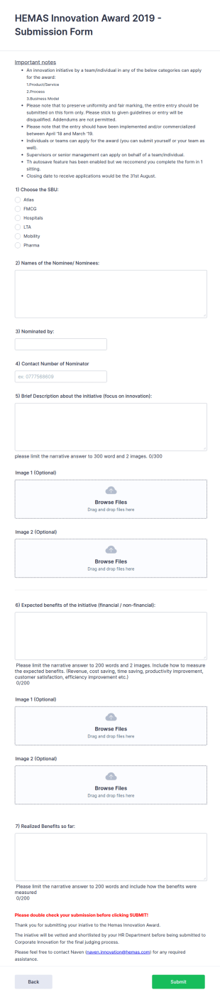 Innovation Award Submission Form Template