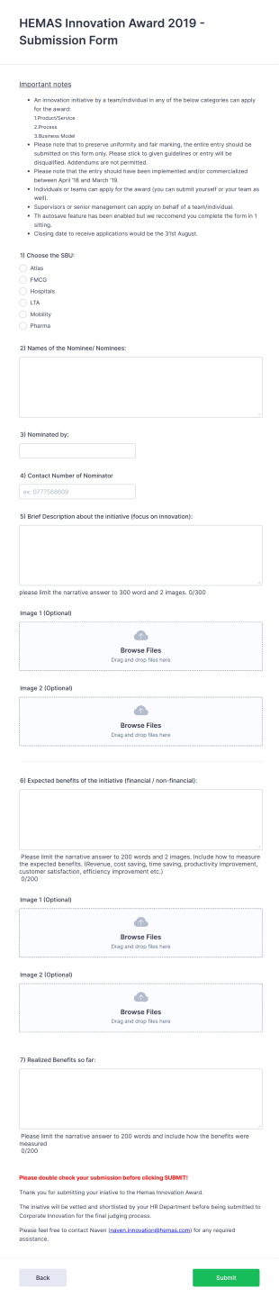 Innovation Award Submission Form Template