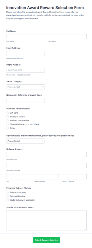 Innovation Award Reward Selection Form Template